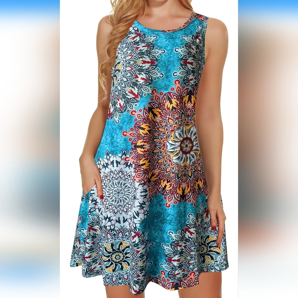  Summer Dress for Women Beach Floral Tshirt Sundress Sleeveless Pockets Casual